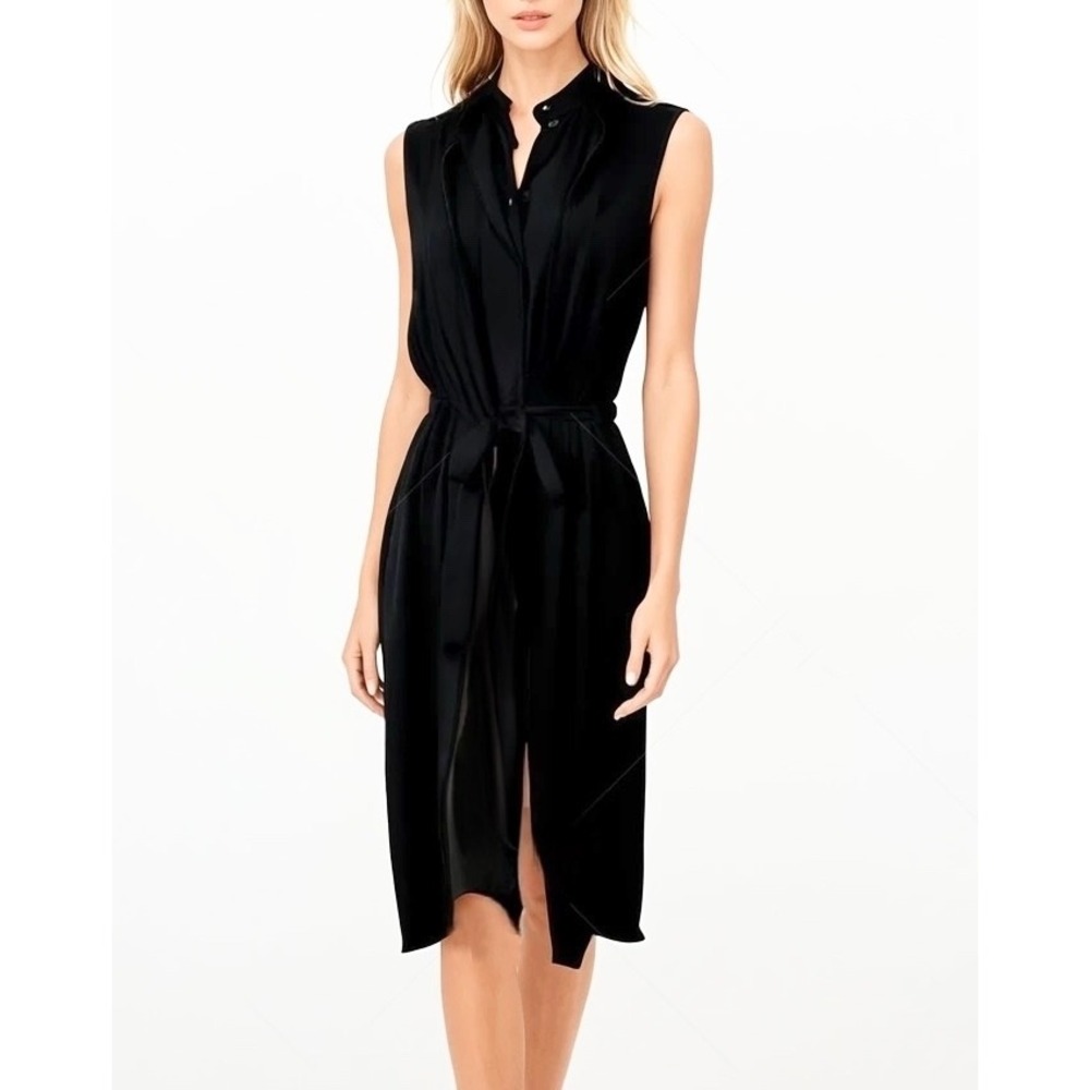 Jill Sander Black Silk Blend Button Down Midi Dress Sleeveless Tie Waist Italy S